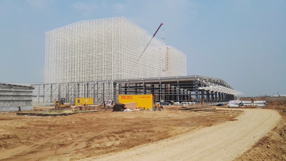 Rack supported warehouse (clad rack) with intralogistics equipment