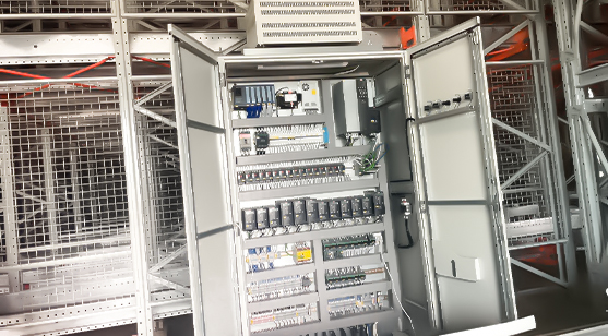 Electrical control cabinet for a high bay warehouse automation system