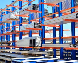 Cantilever pallet racking for storing long and bulky warehouse materials