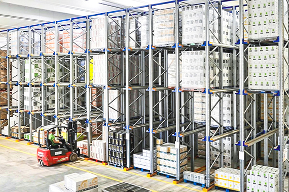 Drive-Through Rack system for high-density pallet storage with FIFO inventory flow.