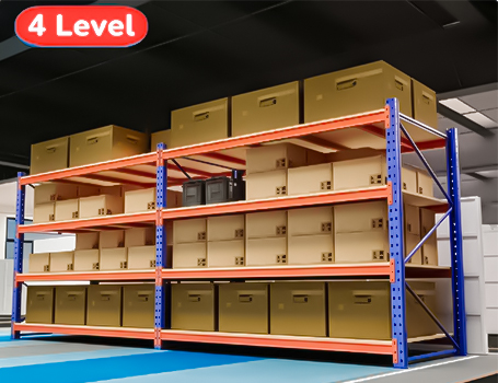Four-level pallet rack configuration for high-density warehouse storage