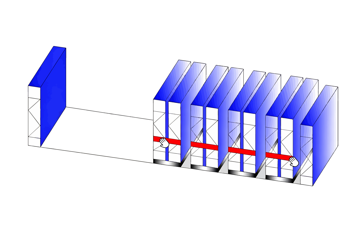 HUADE full-width aisle mode diagram for a mobile pallet racking system