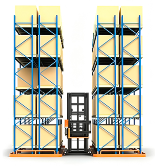 3D illustration of a three-way forklift operating between HUADE VNA Racking aisles