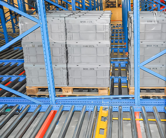 Pallet Flow Racking working principle showing pallet goods moving on gravity roller lanes inside the rack
