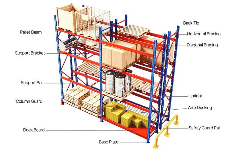 Pallet rack structure diagram showing beams, uprights, braces, decking, base plates, guards, and other components