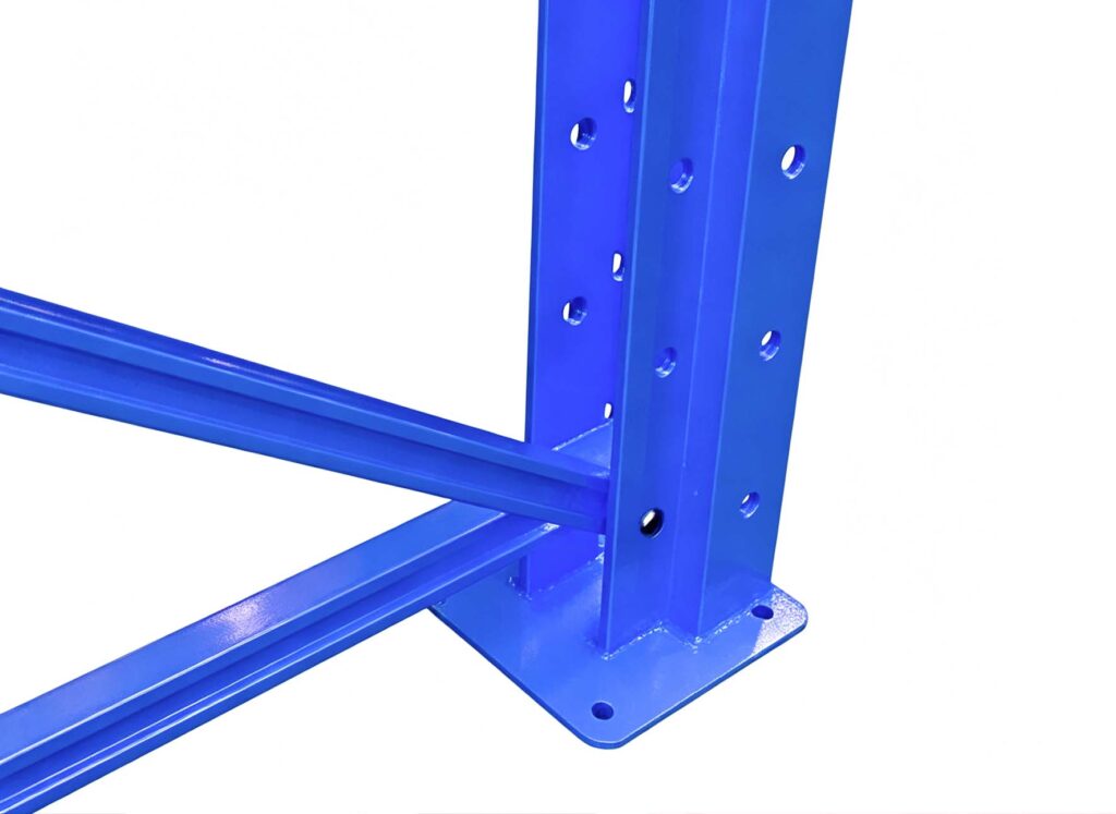 Reinforced steel base plate with anchor bolts for pallet rack stability