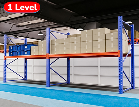 Single-level pallet rack configuration for warehouse storage