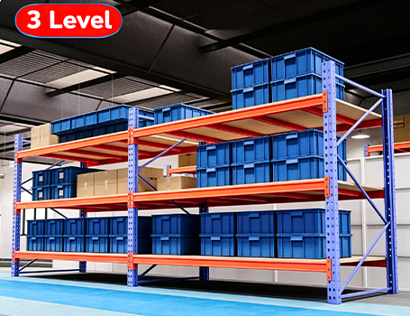 Three-level pallet rack configuration for efficient warehouse storage