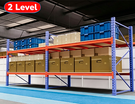 Two-level pallet rack configuration for flexible warehouse storage