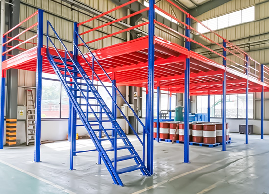 Close-up view of a steel mezzanine platform