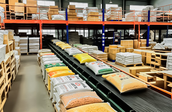 Food raw materials such as flour and peanuts being transported on a conveyor system in a warehouse